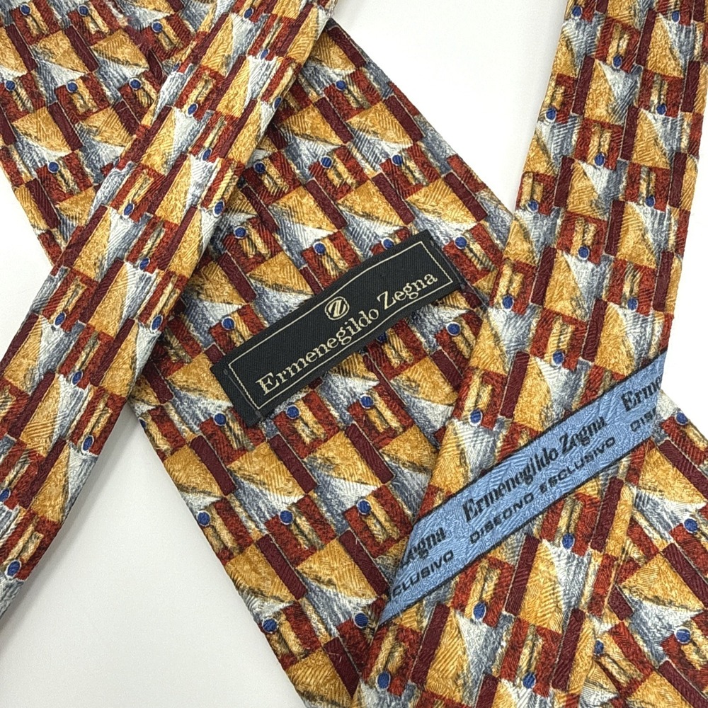 Ermenegildo Zegna Mens Silk‎ Tie Gold Burgundy Blue Geometric Abstract Italy